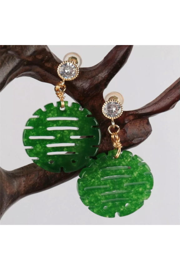 Double Happiness Green Jadeite Gemstone Earring 18Kgp Dangle Luxury Classic