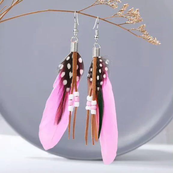 EOEMY Drop Women Earrings Vintage Earrings Bohemia Catcher / Long Retro Feather-Pink