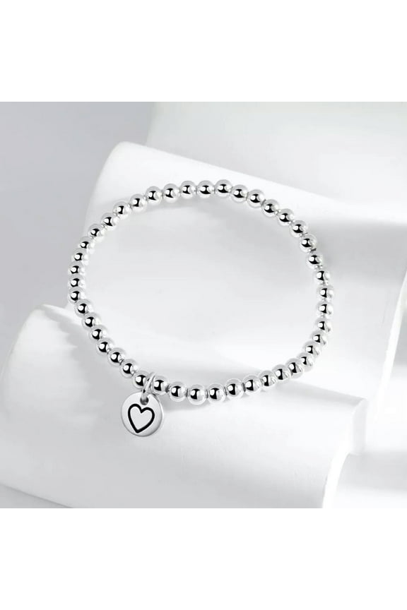 Elastic 925 Sterling Solid Silver Charm Heart Beaded Chain Bracelets For Women-Default