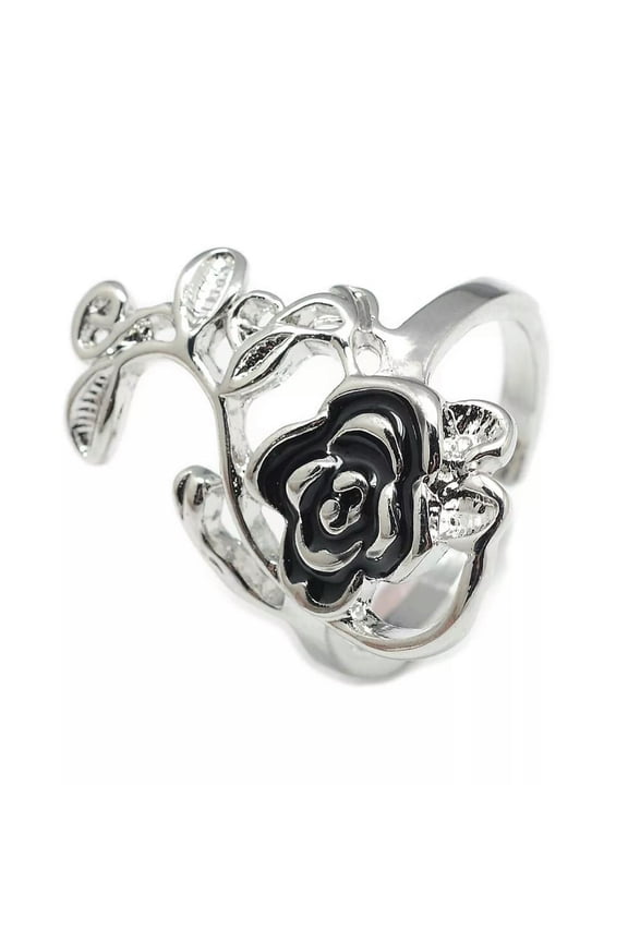 Enamel Alloy Cuff Finger Ring Flower Platinum Size 10 Adjustable 20mm P416-Default