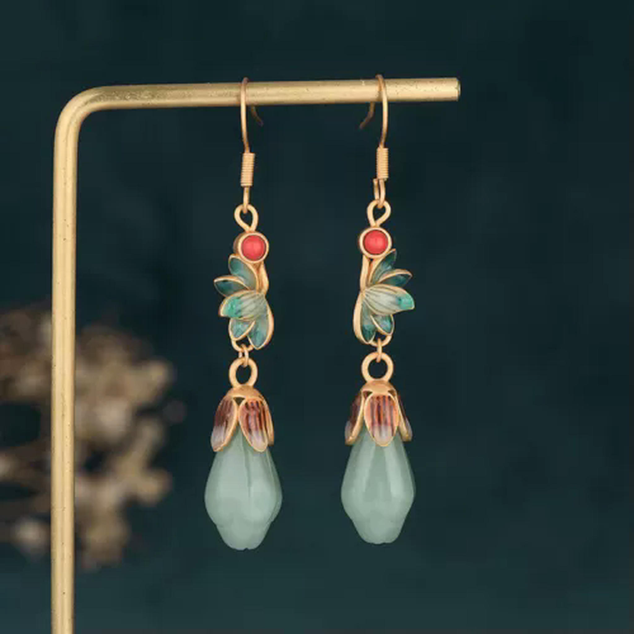 EOEMY Enamel Ethnic Chinese Vintage Dangle Drop Hook Earring For Women Earring Jewelry