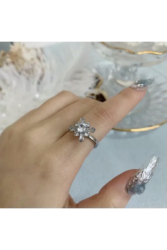 Exquisite Rotating Flowers Crystal Open Ring Adjustable Women Wedding Jewelry-#1