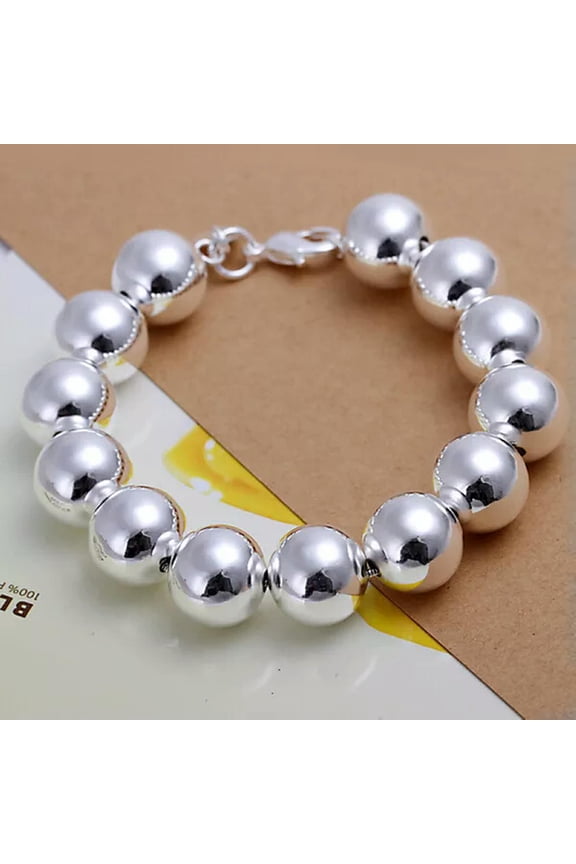 Fashion 925 Sterling Solid Silver 14mm Bead Beaded Women Men Bracelets-Default