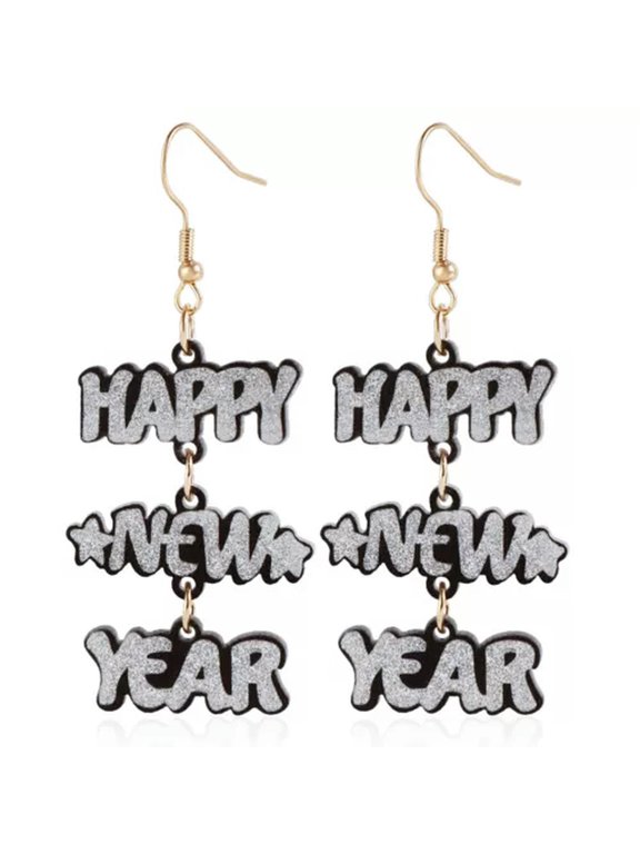 Fashion Acrylic "Happy New Year" Hook Earrings Drop Dangle Women Jewelry Gift-Silver