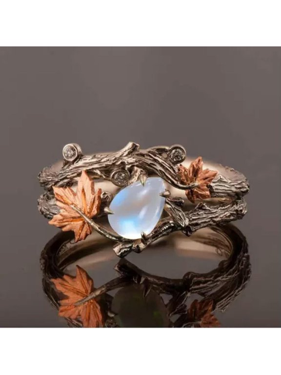 Fashion Antique Gold Twig Maple Leaf Moonstone Ring Anniversary Gift Engagement-8811-Antique Gold