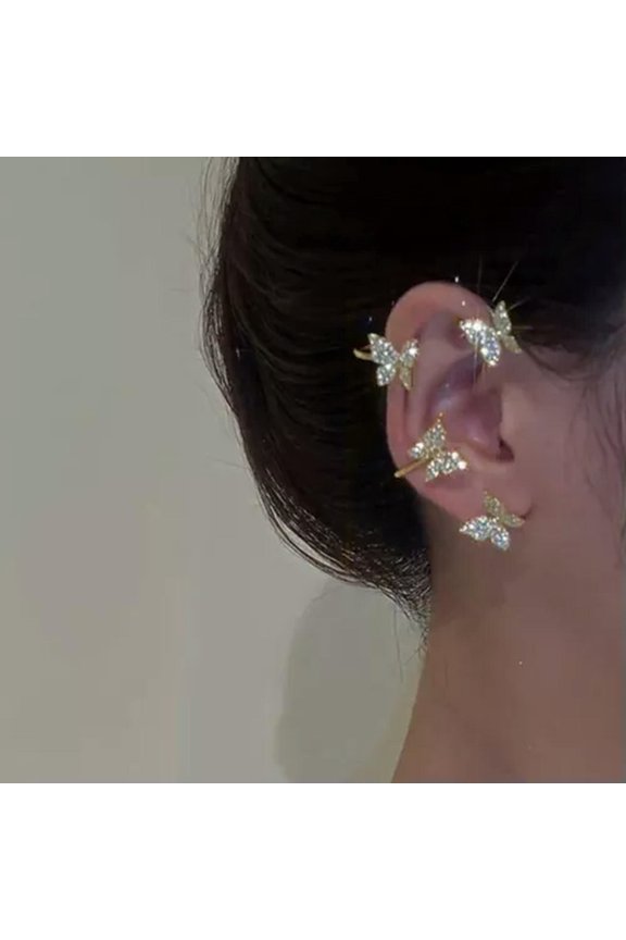 Fashion Butterfly Ear Clips Gold/Silver Plated Zircon Earrings Cuff Women Gift-Gold-Left Ear-1Pc