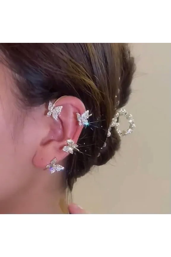 Fashion Butterfly Ear Clips Gold/Silver Plated Zircon Earrings Cuff Women Gift-Silver-Right Ear-1Pc