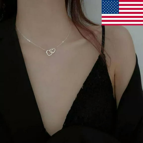 EOEMY Fashion Double Heart Pendant 925 Silver Chain Necklace Women Jewelry Gift Us.-Gold