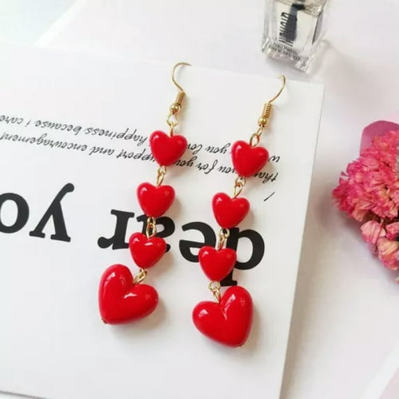 EOEMY Fashion Flower Long Tassel Crystal Earrings Hook Drop Dangle Women Jewelry Gift-Red Heart