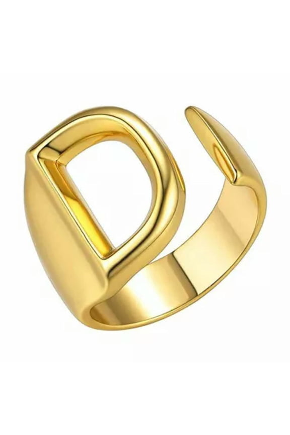 Fashion Gold Plated Bold Initial Letters Alphabet Open Ring Women Adjustable-Gold D