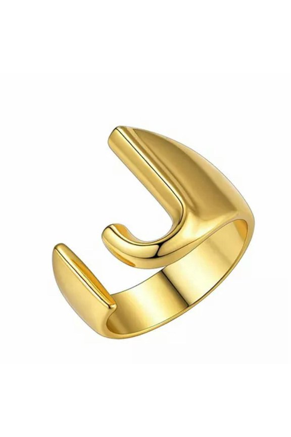 Fashion Gold Plated Bold Initial Letters Alphabet Open Ring Women Adjustable-Gold J