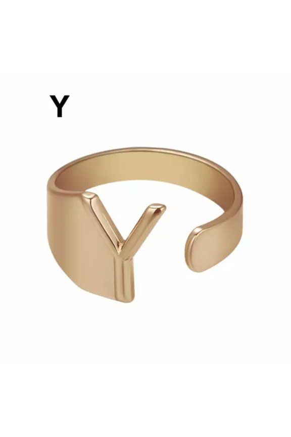 Fashion Gold Plated Bold Initial Letters Alphabet Open Ring Women Adjustable-Rose Gold Y
