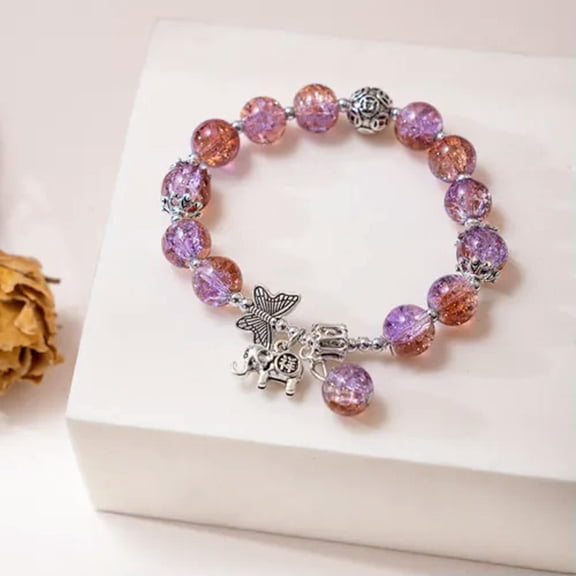 EOEMY Fashion Gradient Bead Butterfly Elephant Bracelet Elastic Chain Women Jewelry-Purple