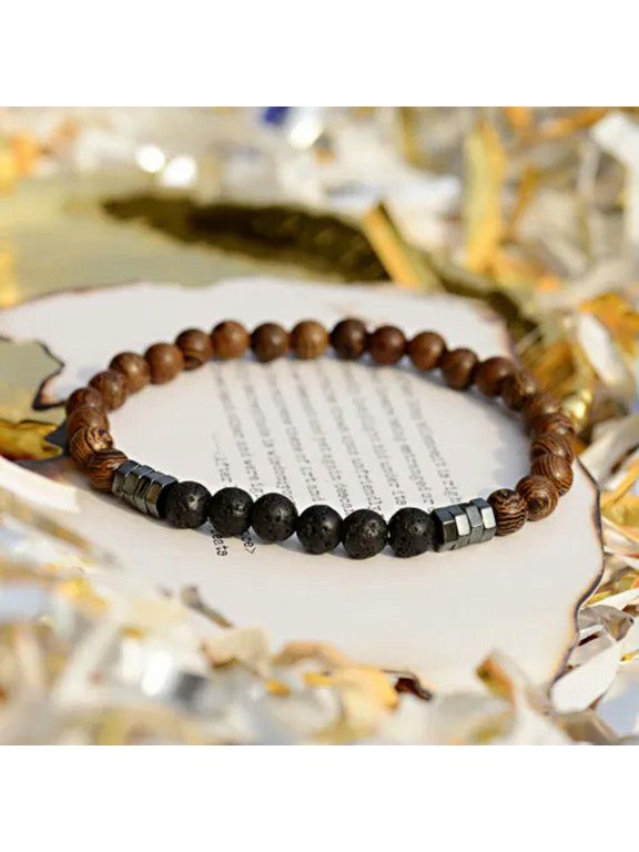 Fashion Handmade Men Hematite Natural Stone Wood Unisex Beads Bracelets Gift-Lava