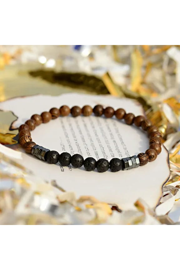 Fashion Handmade Men Hematite Natural Stone Wood Unisex Beads Bracelets Gift-Lava