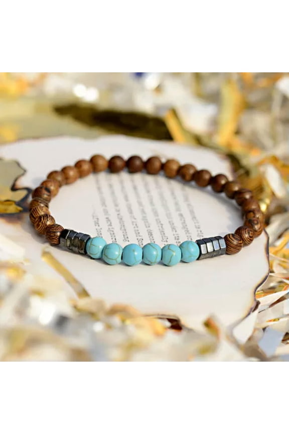 Fashion Handmade Men Hematite Natural Stone Wood Unisex Beads Bracelets Gift-Turquoise