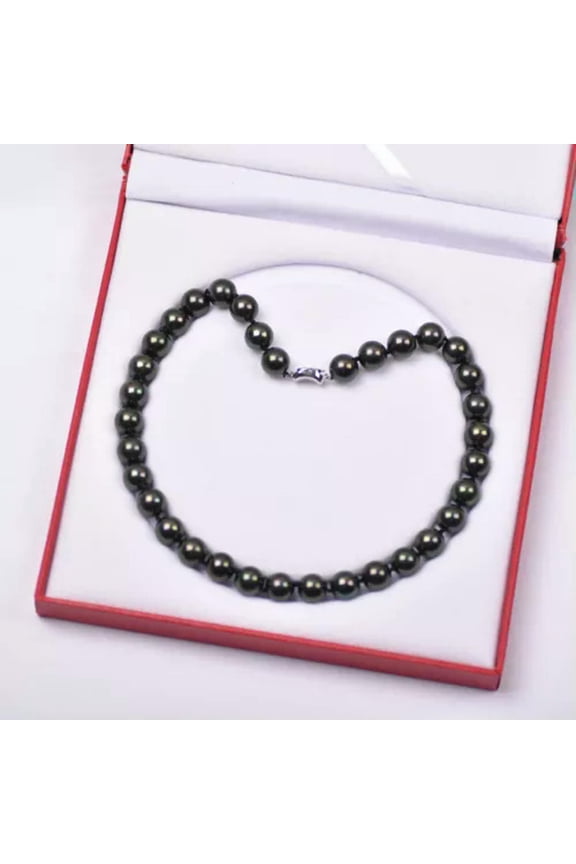 Fashion Lady New Natural 8-12mm Tahitian Black Green Pearl Round Beads Necklace-Malachite Green-8mm