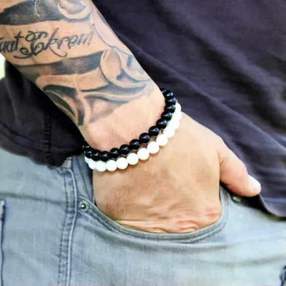 EOEMY Fashion Men 8mm Lava Stone Black Obsidian Agate Beaded Onyx Healing Bracelet Set-2 Pcs/Set-Black+White