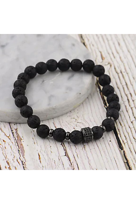 Fashion Men Natural Stone Zircon Pave Round Balls Stretch Diffuser Bracelets-Black