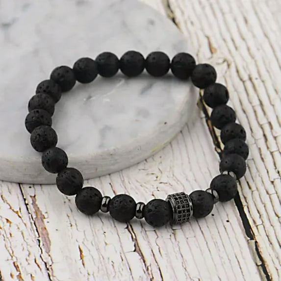 EOEMY Fashion Men Natural Stone Zircon Pave Round Balls Stretch Diffuser Bracelets-Black