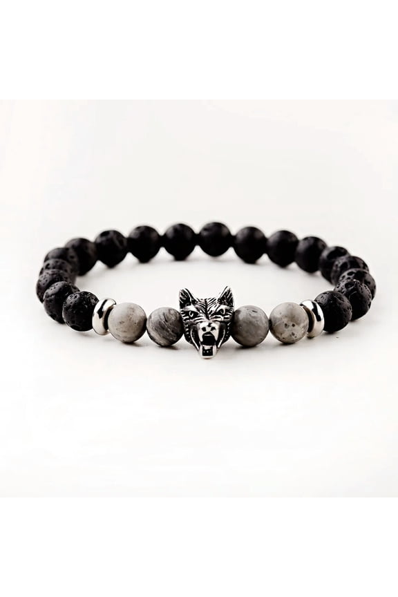 Fashion Men'S 8mm Lava Rock Map Jasper Stone Wolf Head Charm Bracelets Bangle