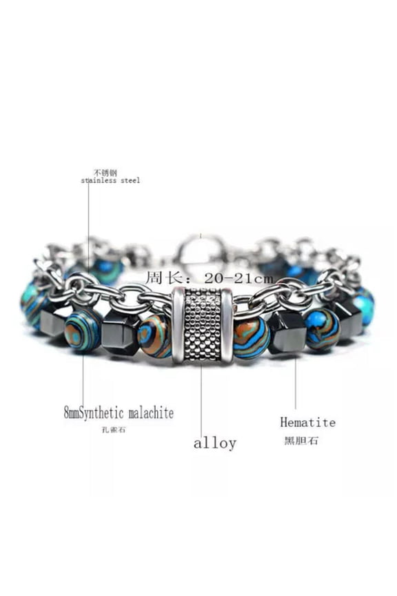 Fashion Men'S Stainless Steel Malachite Hematite Beaded Hip Hop Bracelet Jewelry-Blue Peacock Haematite Oval Ch...