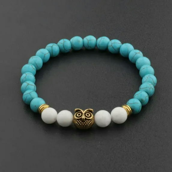 EOEMY Fashion Men'S Women' S Natural Lava Stone Owl 8mm Beads Charm Bracelets Jewelry-505-19