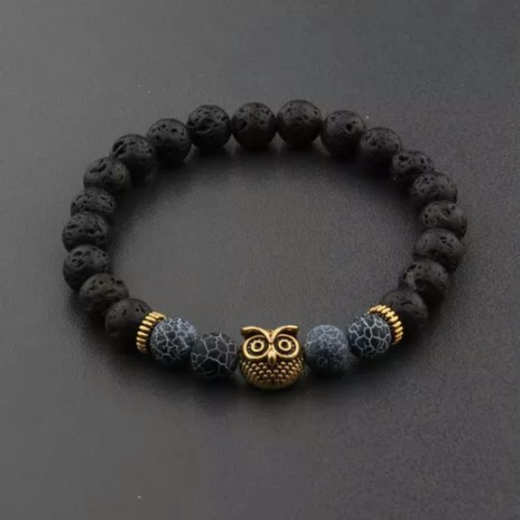 EOEMY Fashion Men'S Women' S Natural Lava Stone Owl 8mm Beads Charm Bracelets Jewelry-505-24