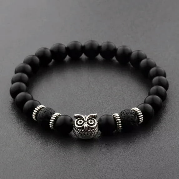 EOEMY Fashion Men'S Women' S Natural Lava Stone Owl 8mm Beads Charm Bracelets Jewelry-505-39