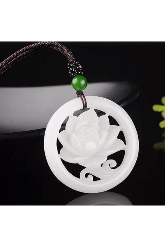 Fashion White Jade Hollow Flower Pendant Necklace Jewellery Chinese Hand-Carved