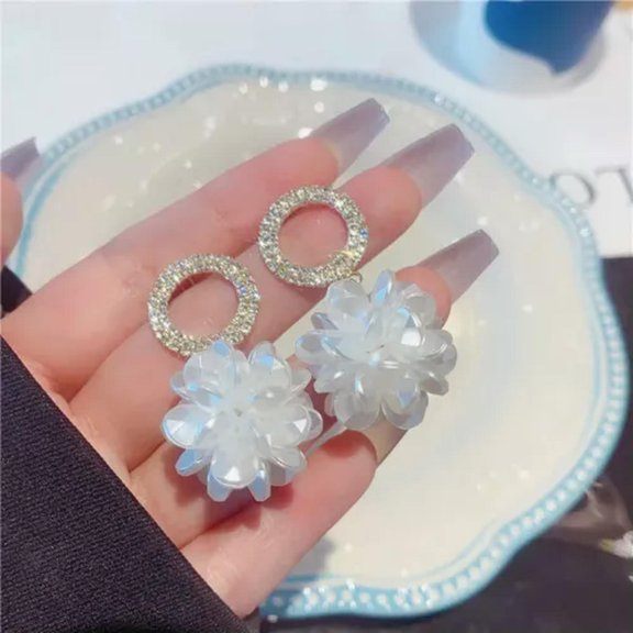 EOEMY Fashion White Petal Ball Earrings Long Sweet Rhinestone Flower Earrings Jewelry-04