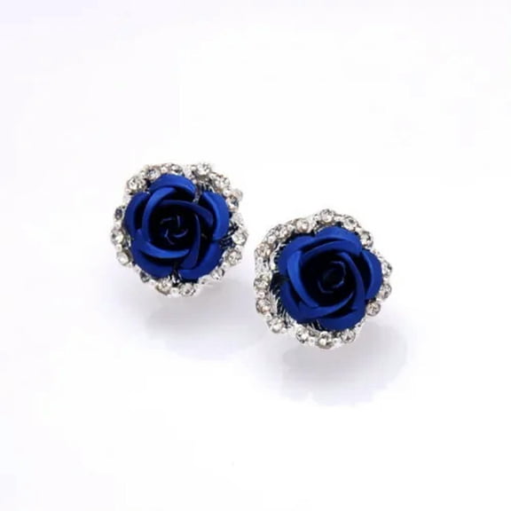 EOEMY Fashion Woman Rose Flower Crystal Rhinestone Ear Stud Pierced Earrings Jewelry-Blue
