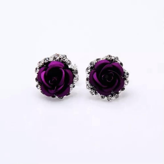 EOEMY Fashion Woman Rose Flower Crystal Rhinestone Ear Stud Pierced Earrings Jewelry-Purple