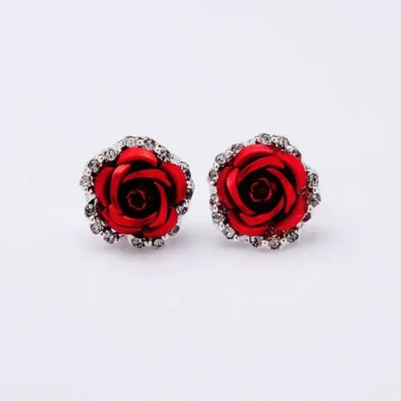 EOEMY Fashion Woman Rose Flower Crystal Rhinestone Ear Stud Pierced Earrings Jewelry-Red