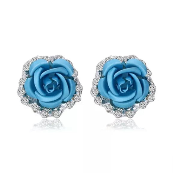 EOEMY Fashion Woman Rose Flower Crystal Rhinestone Ear Stud Pierced Earrings Jewelry-Sky Blue