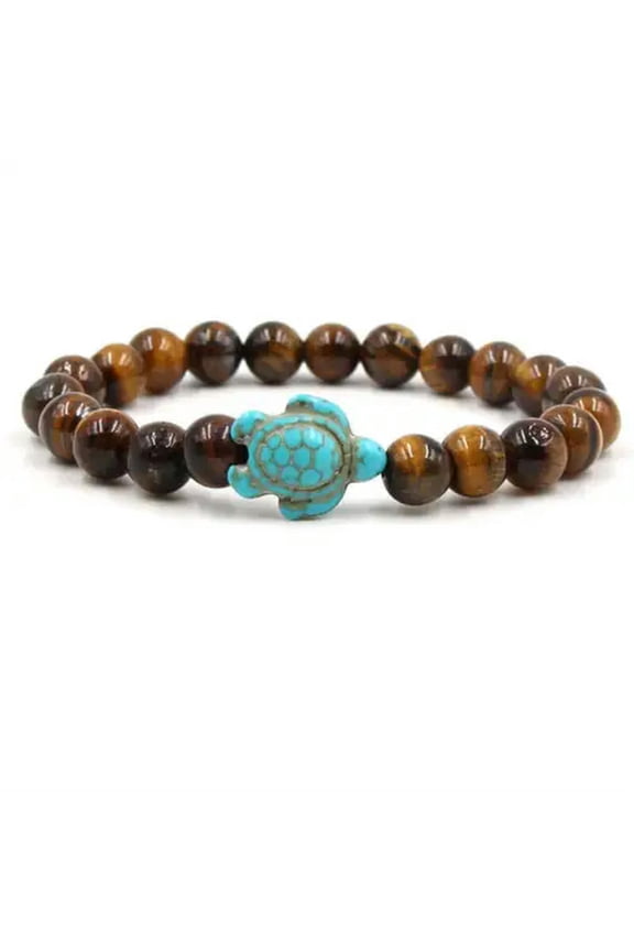 Fashion Women Natural Stone Turquoise Beaded Turtle Charm Bracelet Lucky Gifts-Tiger'S Eye
