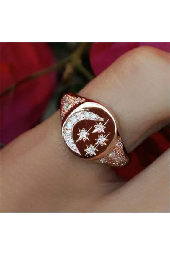 Fashion Women Simple Rose Gold Star And Moon Crystal Dimond Jewelry Ring Gift-Rose Gold-8
