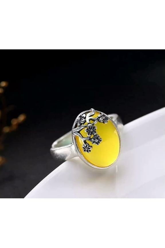 Fashion Women Yellow Chalcedony Adjustable Ring Silver Plum Blossom Holiday Gift