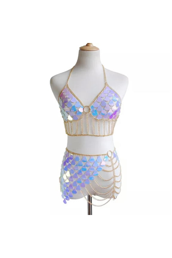 Female Sexy Metal Backless Body Chain Suit Fish Scale Sequin Beach Waist Chain-Gold-Bras