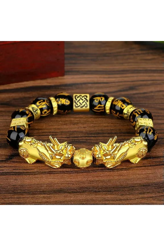Feng Shui Black Obsidian Beaded Pixiu Bracelet Golden Attract Wealth Good Luck-#1 New Good Luck(12mm)
