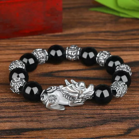 EOEMY Feng Shui Black Obsidian Beaded Pixiu Bracelet Golden Attract Wealth Good Luck-All Directions Come To Wealth
