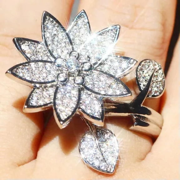 EOEMY Flower 925 Silver Plated Rings Cubic Zirconia Women Wedding Jewelry Size 6-10-8