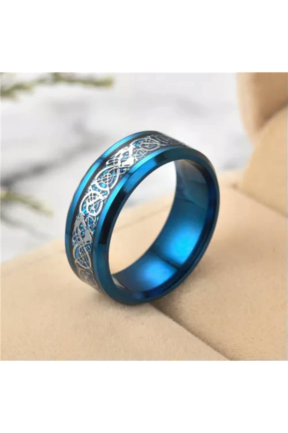 For Mens Women Silver Dragon Inlay Stainless Steel Jewelry Wedding Ring Size6-13-Blue-13