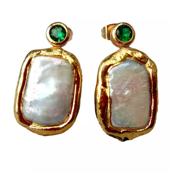 EOEMY Freshwater Cultured White Biwa Rectangle Pearl Stud Cubic Zirconia Pave Earrings