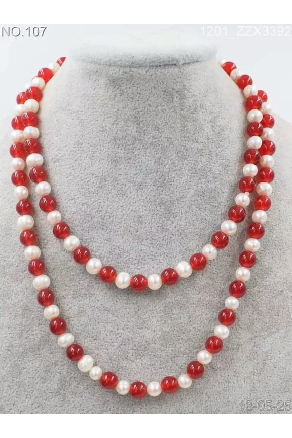 Freshwater Pearl Red Jade Round Necklace Wholesale Nature 7-8mm 45" Gift