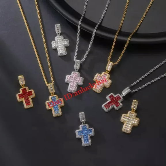 EOEMY Full Diamond Cross Pendant Punk Fried Dough Twists Chain Necklace Accessories-Silver-Red