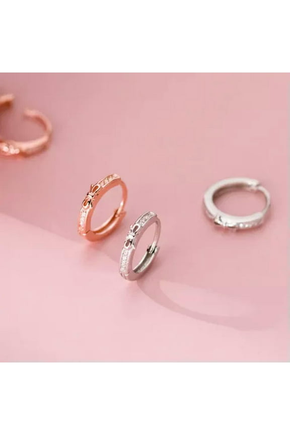 Genuine 925 Sterling Silver Solid Bow Deco Hoop Huggie Earrings Ear Piercing-Silver