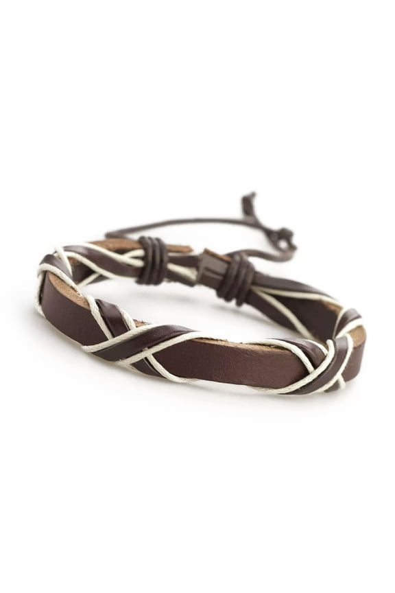 Genuine Leather Handmade Bracelet Mens Unisex Wrap Tribal Brown White H223-Default