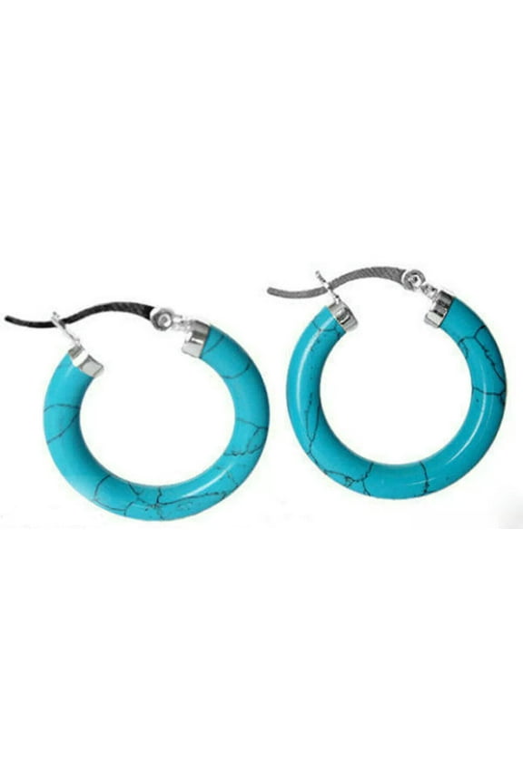 Genuine Natural Blue Turquoise Sterling Silver Snap Closure Hoop Dangle Earrings