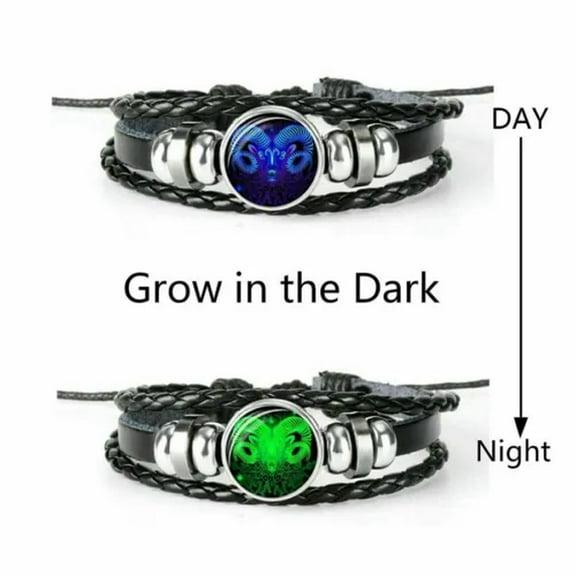 EOEMY Glow In The Dark Leather Braided Bracelet 12 Constellation Zodiac Sign Women Hot-Aries